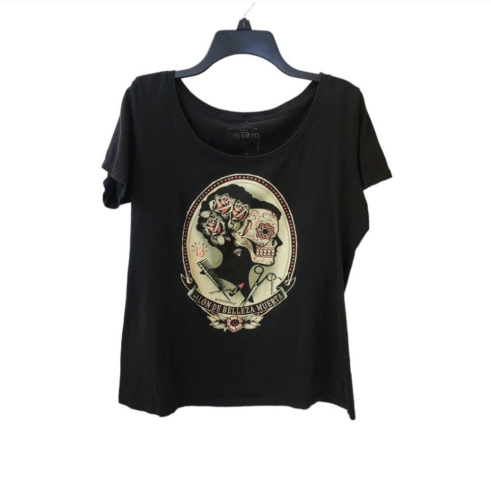 Lucky Thirteen Black Belleza Sugar Skull Scoop Neck Top Juniors 2X